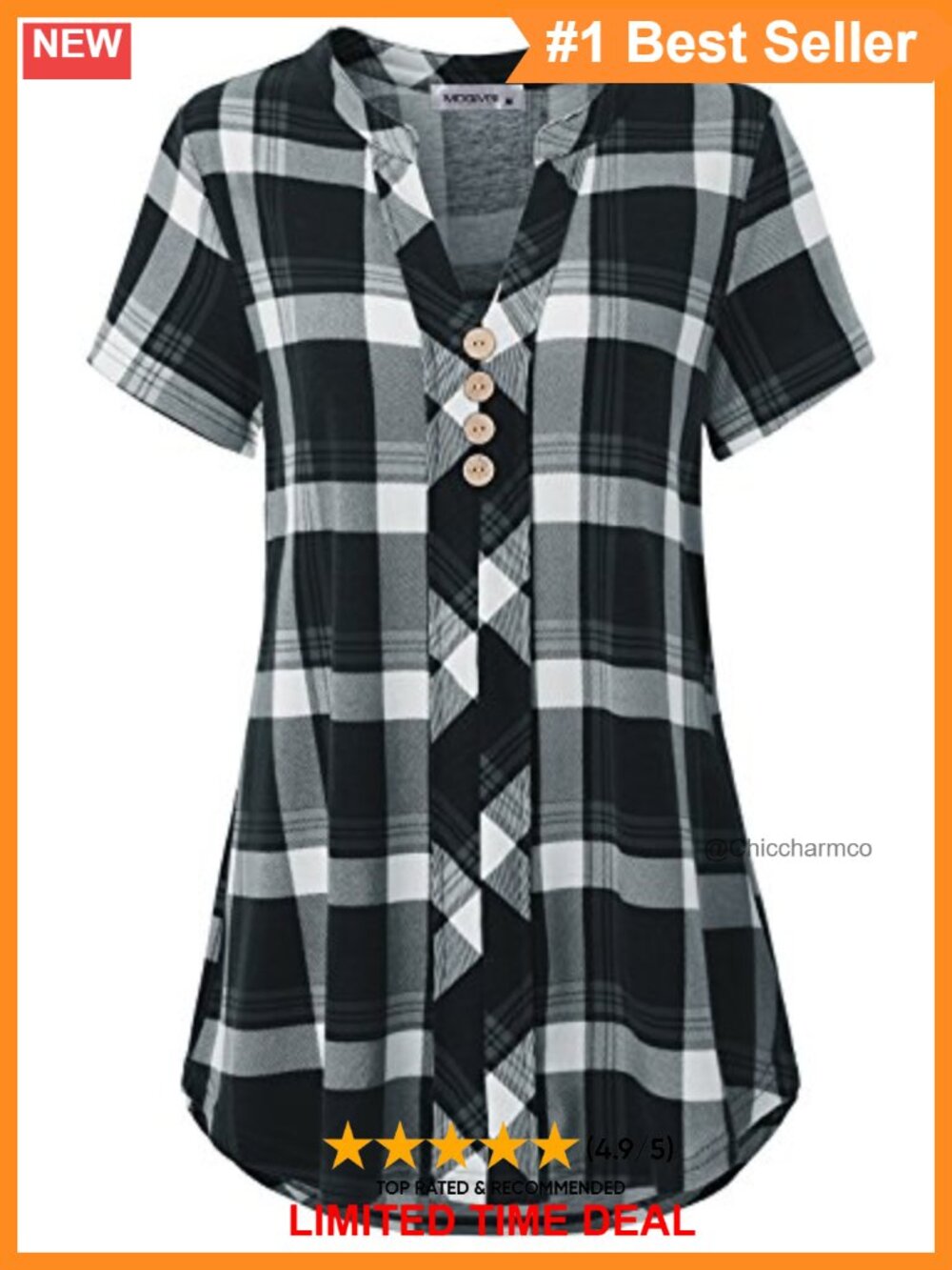 Notch Neck Short Sleeve Plaid Blouse with Button Decor